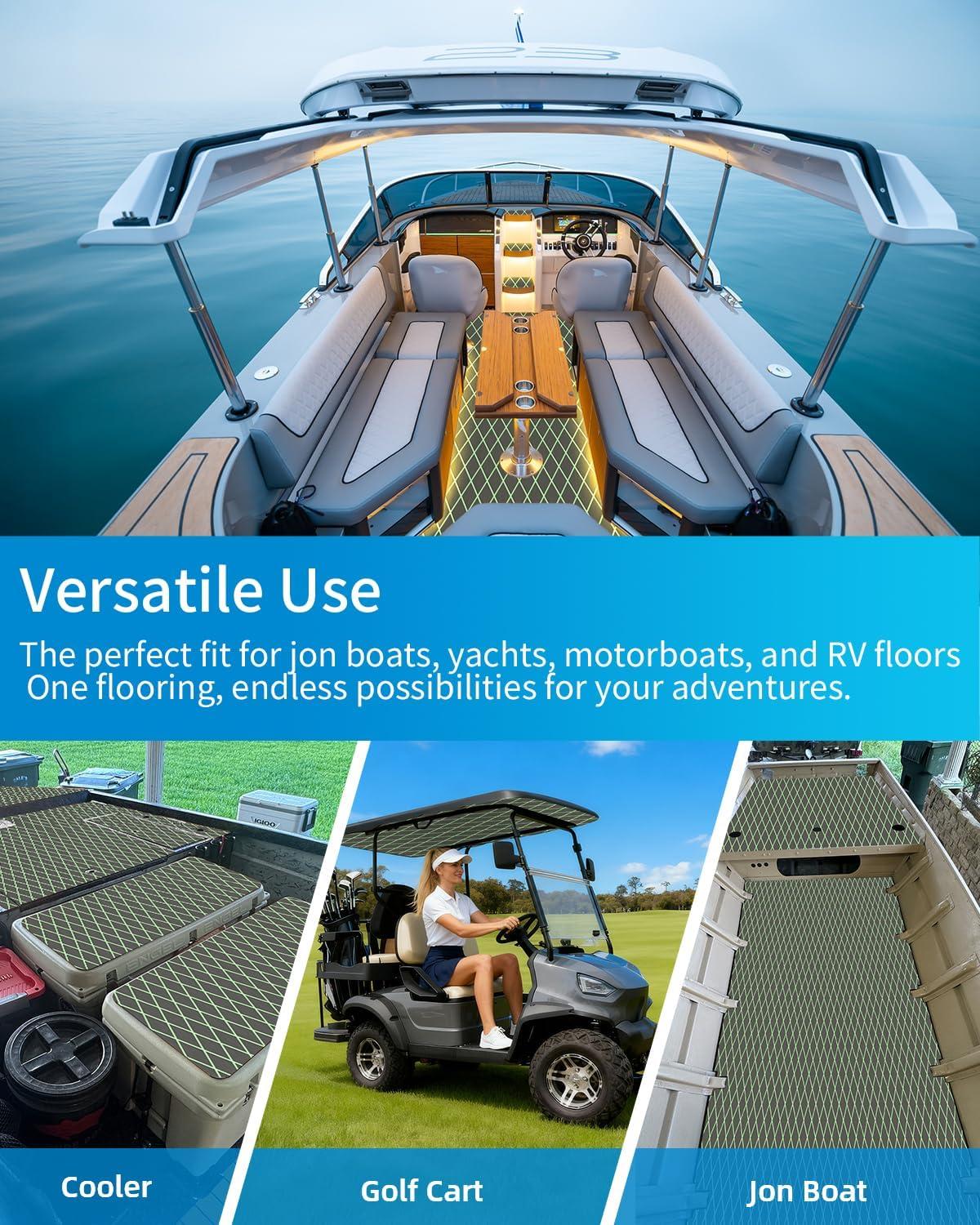 imageOCEANBROAD Diamond Pattern Boat Flooring SelfAdhesive EVA Foam Marine Decking NonSlip Sheet for Boats 96x47 Dark Gray with Mint Green Lines