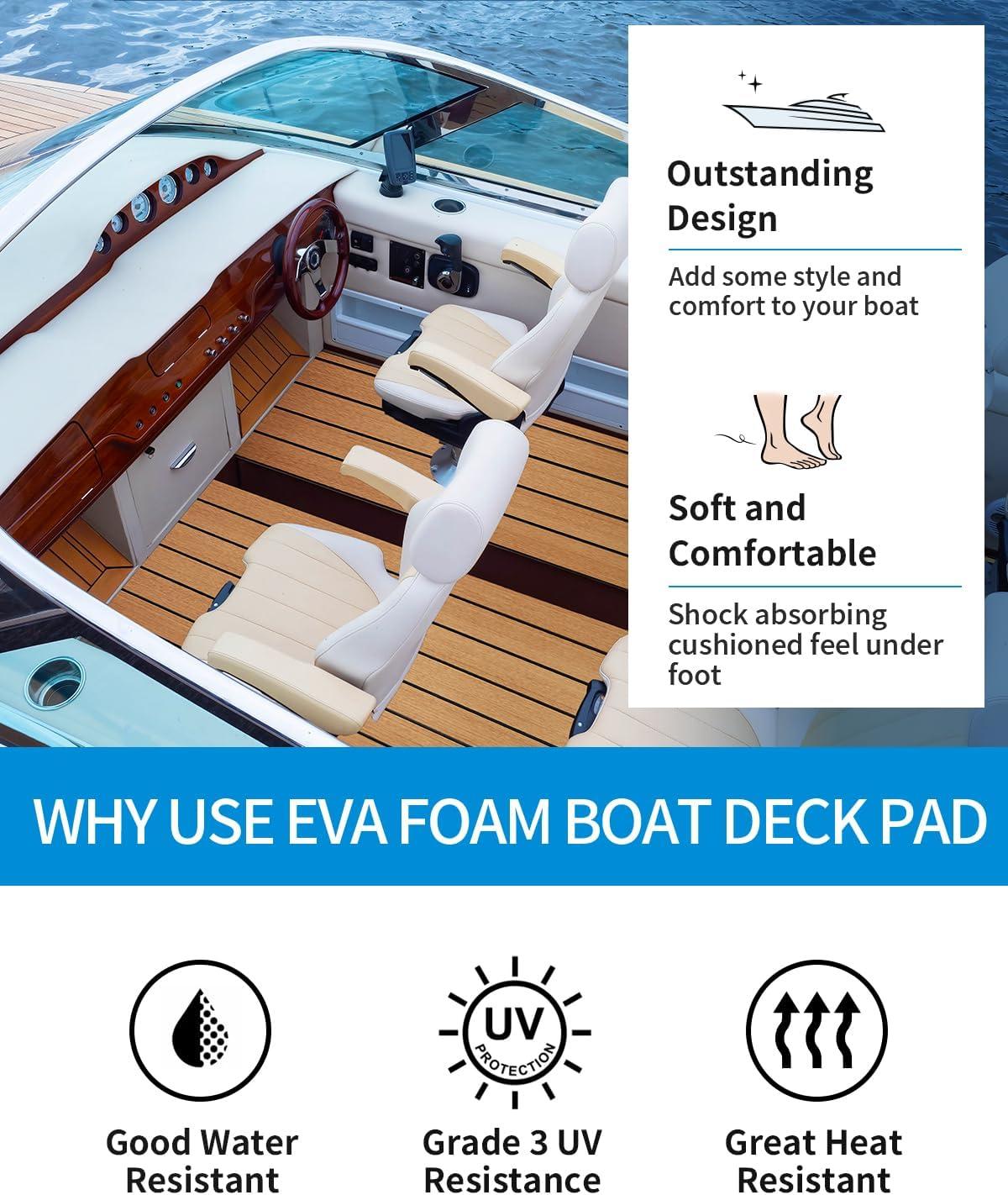 imageOCEANBROAD EVA Foam Boat Flooring 96x24 with 3M Adhesive Backing Marine SelfAdhesive Decking Faux Teak Sheet for Boats Swim Platform Helm Pad RV FloorCamel Brown with Black Seam LinesBorders