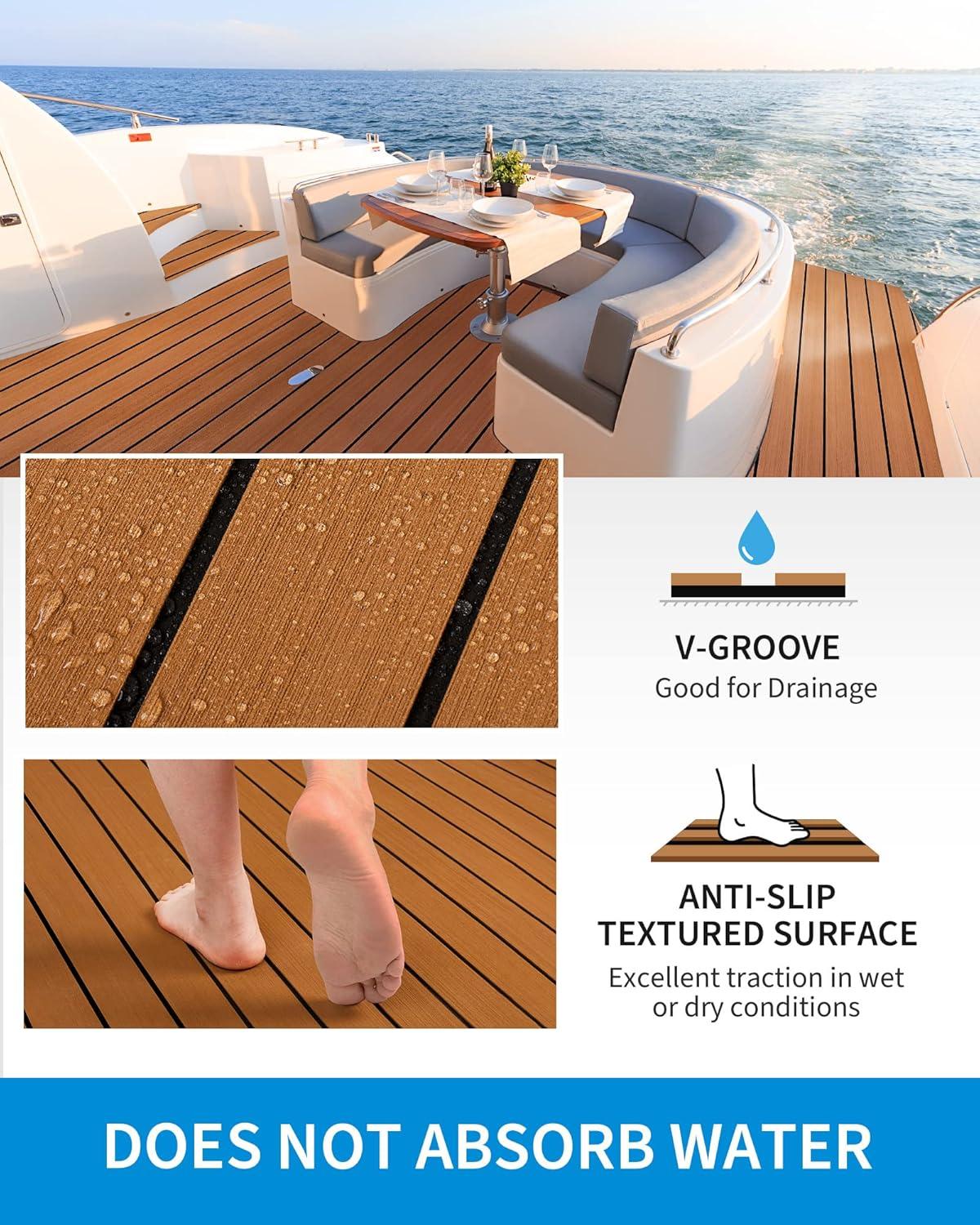 imageOCEANBROAD EVA Foam Boat Flooring 96x24 with 3M Adhesive Backing Marine SelfAdhesive Decking Faux Teak Sheet for Boats Swim Platform Helm Pad RV FloorBrown with Black Seam LinesBorders
