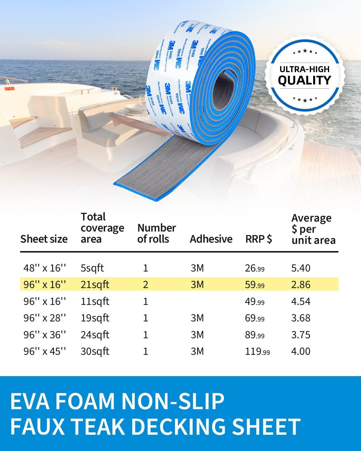 imageOCEANBROAD EVA Foam Boat Flooring 96x24 with 3M Adhesive Backing Marine SelfAdhesive Decking Faux Teak Sheet for Boats Swim Platform Helm Pad RV FloorGray with Blue Seam LinesBorders
