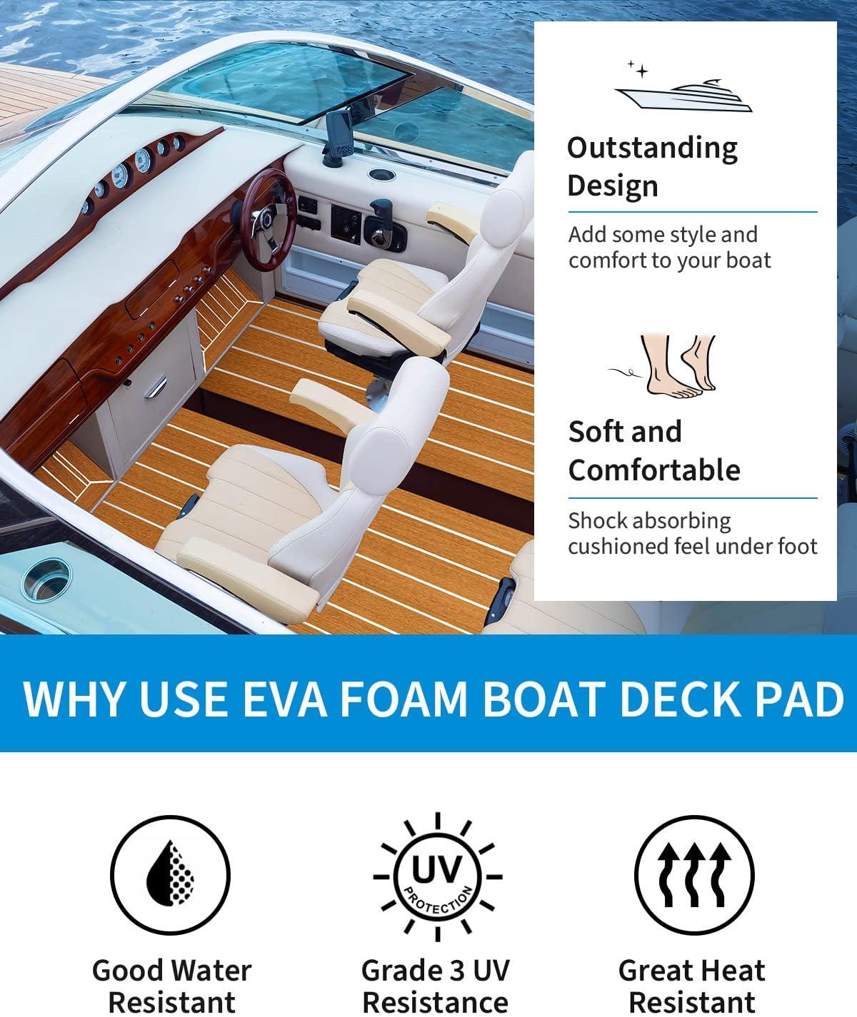 imageOCEANBROAD EVA Foam Boat Flooring 96x24 with 3M Adhesive Backing Marine SelfAdhesive Decking Faux Teak Sheet for Boats Swim Platform Helm Pad RV FloorBrown with White Seam LinesBorders