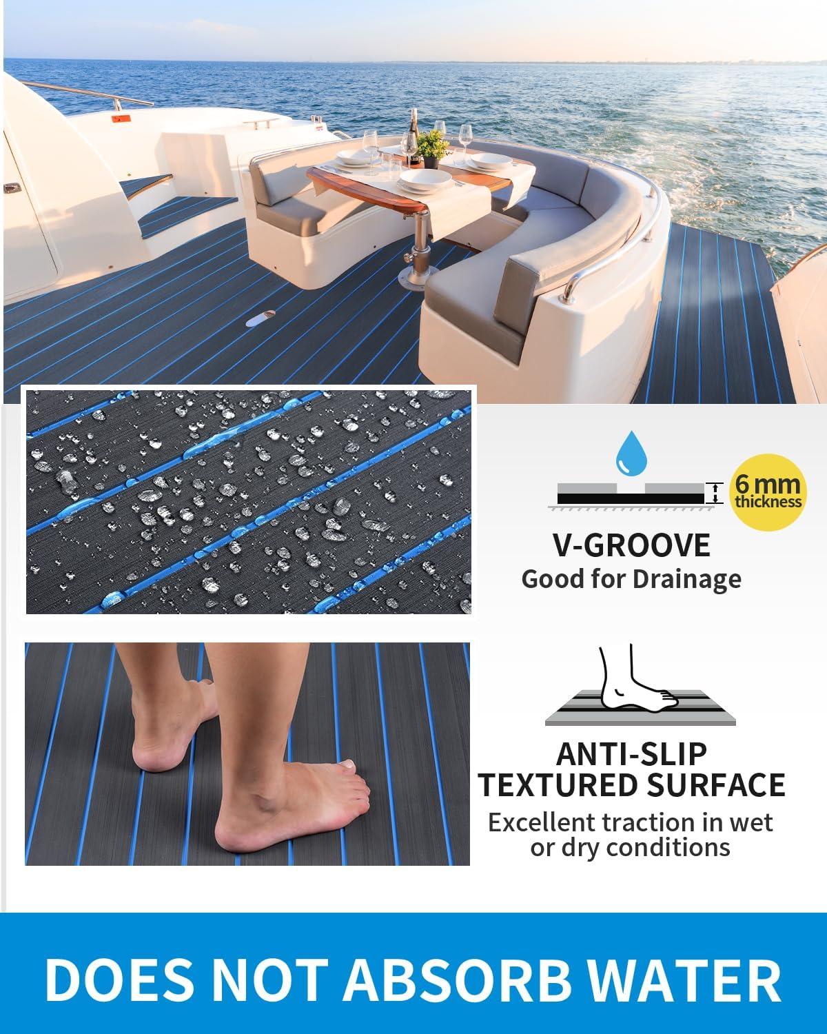 imageOCEANBROAD EVA Foam Boat Flooring 96x24 with 3M Adhesive Backing Marine SelfAdhesive Decking Faux Teak Sheet for Boats Swim Platform Helm Pad RV FloorDark Gray with Blue Seam LinesBorders