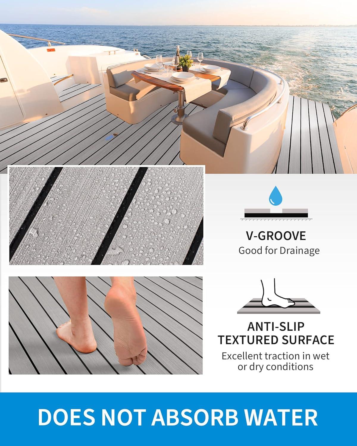 imageOCEANBROAD EVA Foam Boat Flooring 96x24 with 3M Adhesive Backing Marine SelfAdhesive Decking Faux Teak Sheet for Boats Swim Platform Helm Pad RV FloorGray with Black Seam LinesBorders
