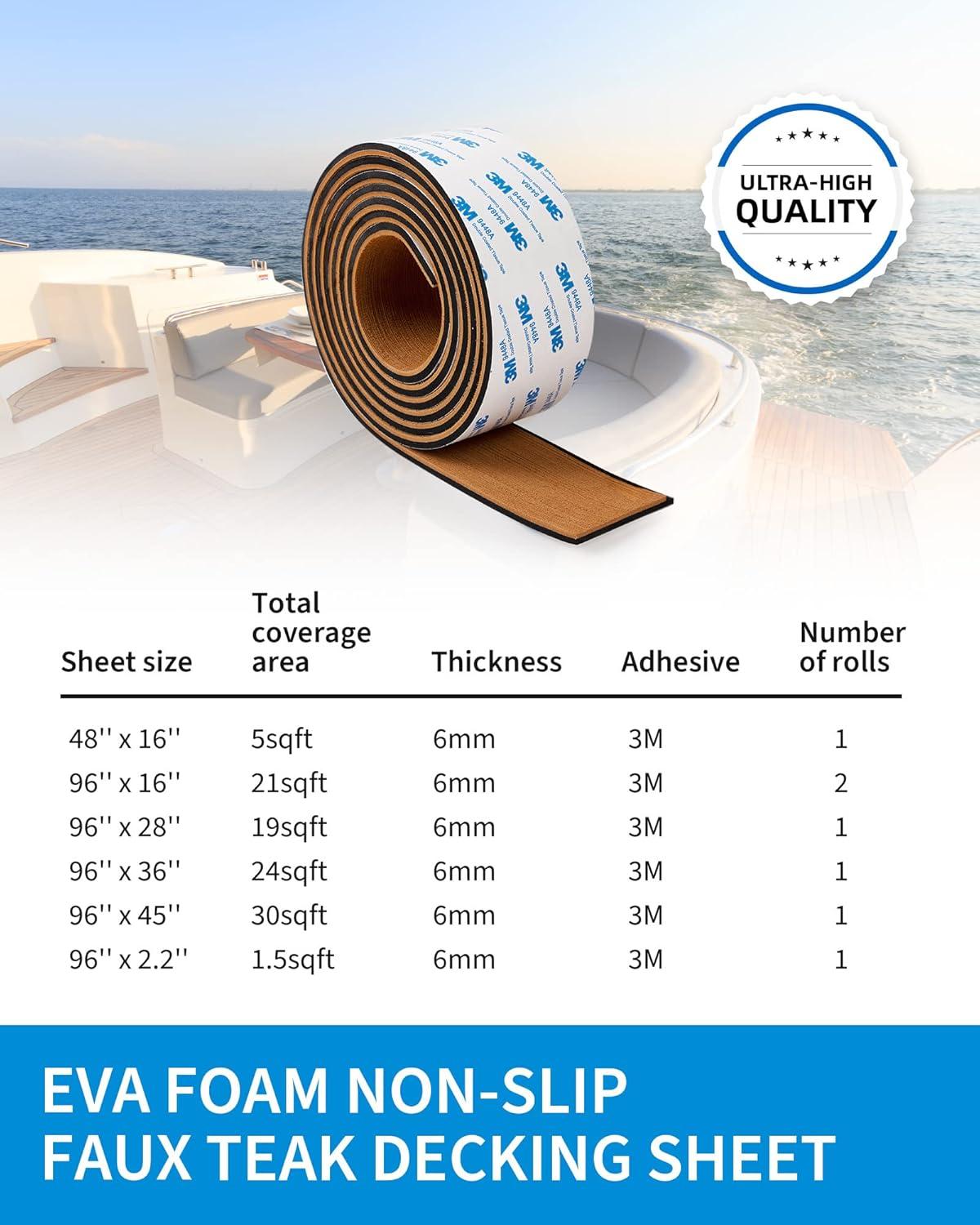 imageOCEANBROAD EVA Foam Boat Flooring 96x24 with 3M Adhesive Backing Marine SelfAdhesive Decking Faux Teak Sheet for Boats Swim Platform Helm Pad RV FloorBrown with Black Seam LinesBorders