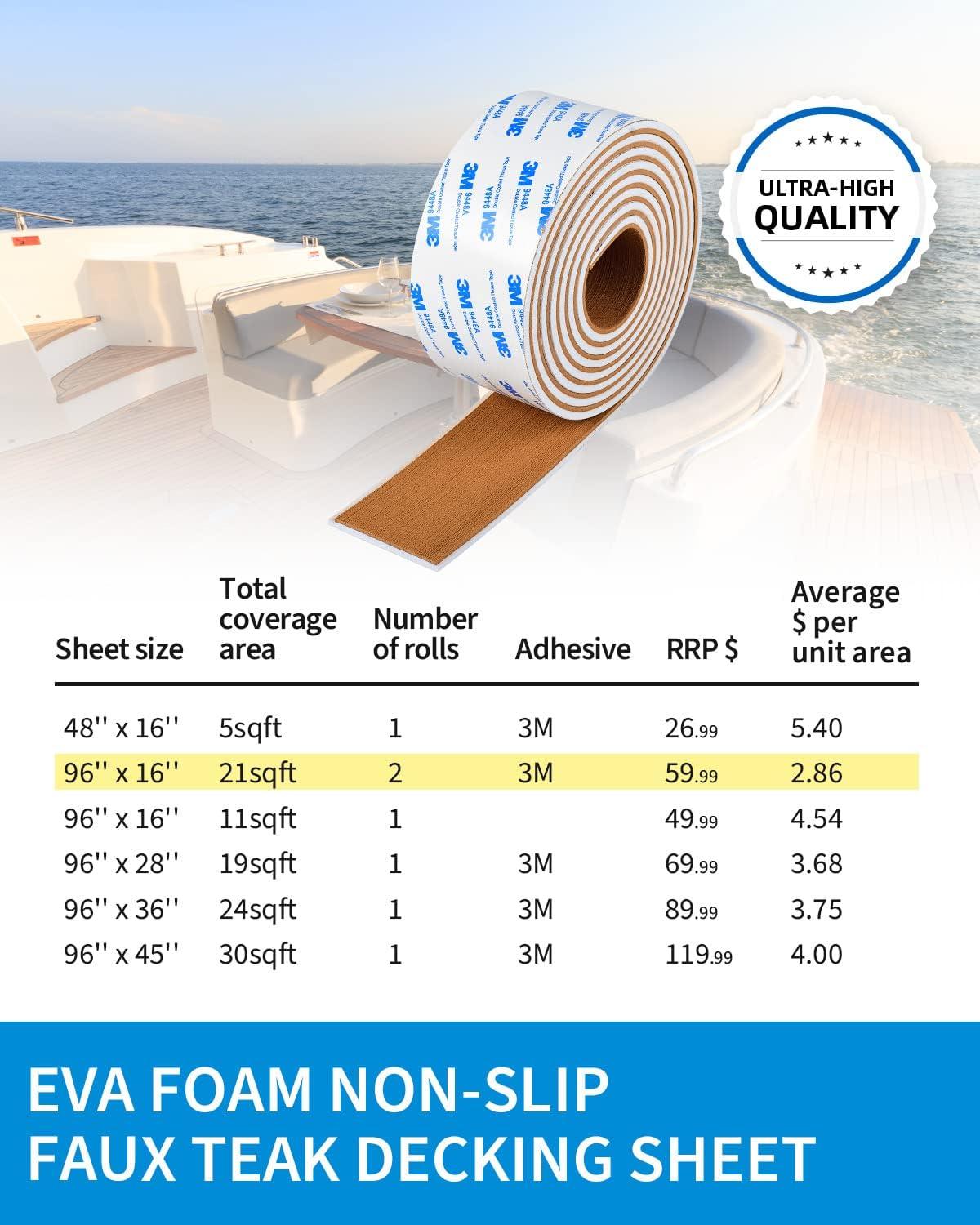 imageOCEANBROAD EVA Foam Boat Flooring 96x24 with 3M Adhesive Backing Marine SelfAdhesive Decking Faux Teak Sheet for Boats Swim Platform Helm Pad RV FloorBrown with White Seam LinesBorders
