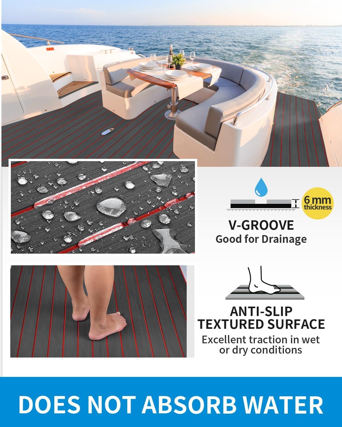 imageOCEANBROAD EVA Foam Boat Flooring 96x24 with 3M Adhesive Backing Marine SelfAdhesive Decking Faux Teak Sheet for Boats Swim Platform Helm Pad RV FloorDark Gray with Red Seam LinesBorders
