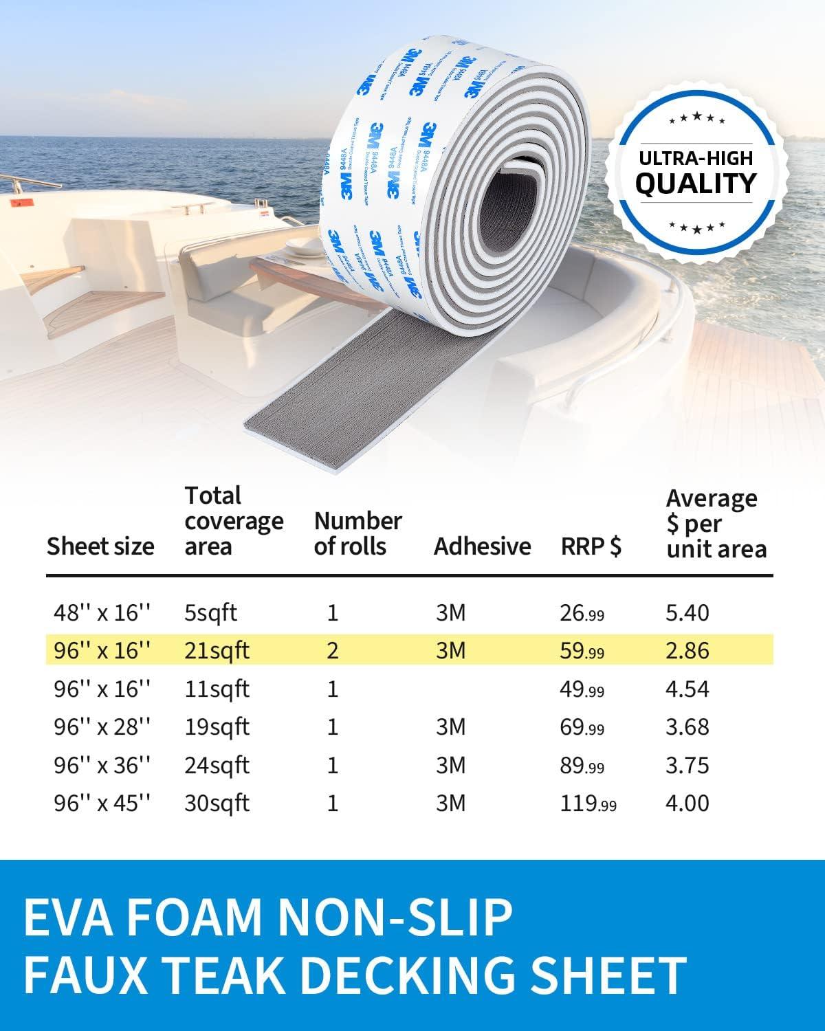 imageOCEANBROAD EVA Foam Boat Flooring 96x24 with 3M Adhesive Backing Marine SelfAdhesive Decking Faux Teak Sheet for Boats Swim Platform Helm Pad RV FloorGray with White Seam LinesBorders