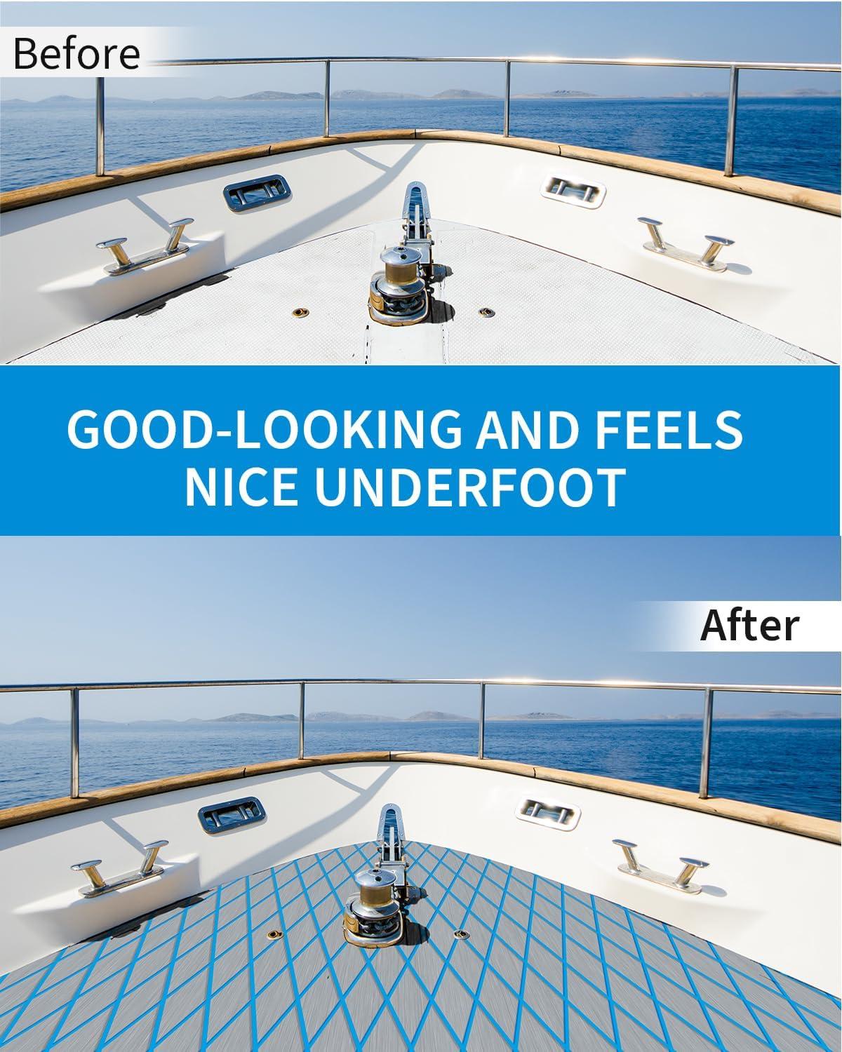 imageOCEANBROAD SelfAdhesive CNC Cut Diamond Pattern Boat Flooring EVA Foam Marine Boat Decking for Boats Yacht Helm Pad RV Floor 96x15 Gray with Blue Seam Lines