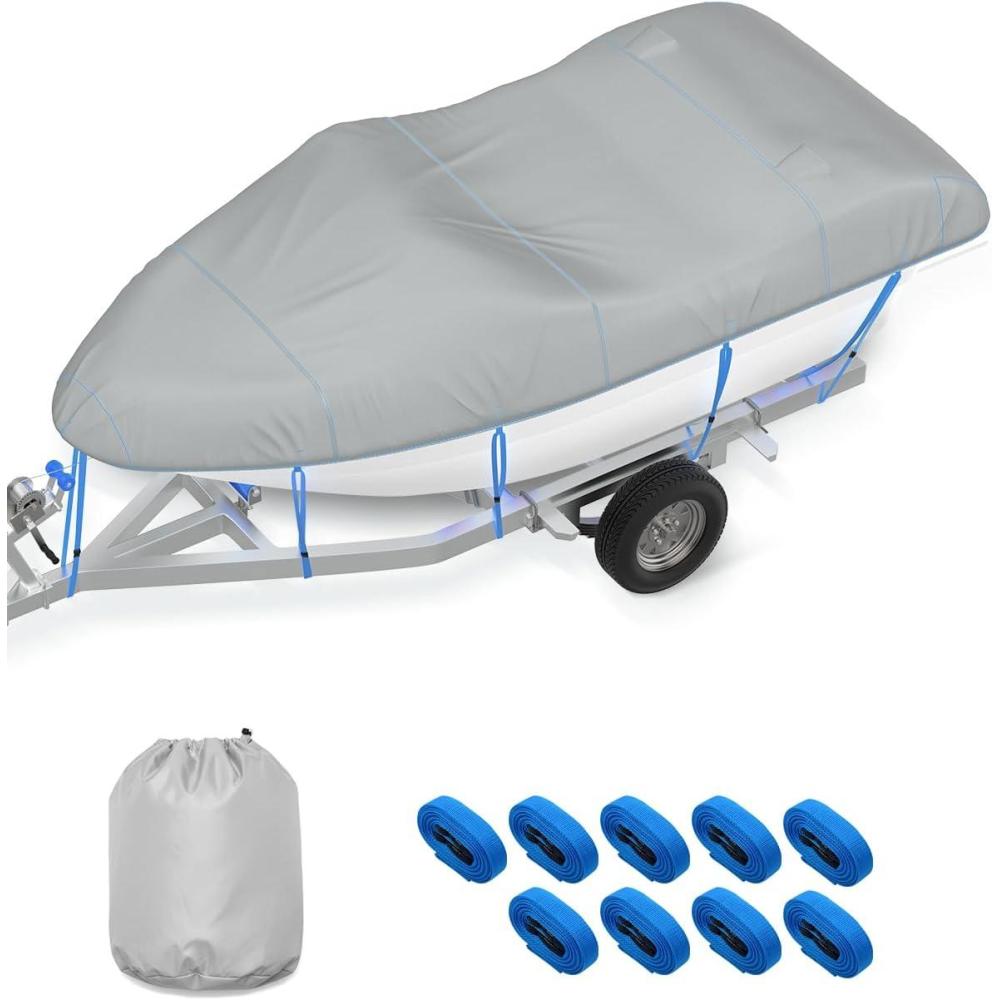 imageOCEANBROAD 1200D Boat Cover Waterproof for Bass VHull TriHull Fish Runabout Bowrider Boats Windproof AntiUV Cover with Storage Bag for 1719ft x 96in Gray