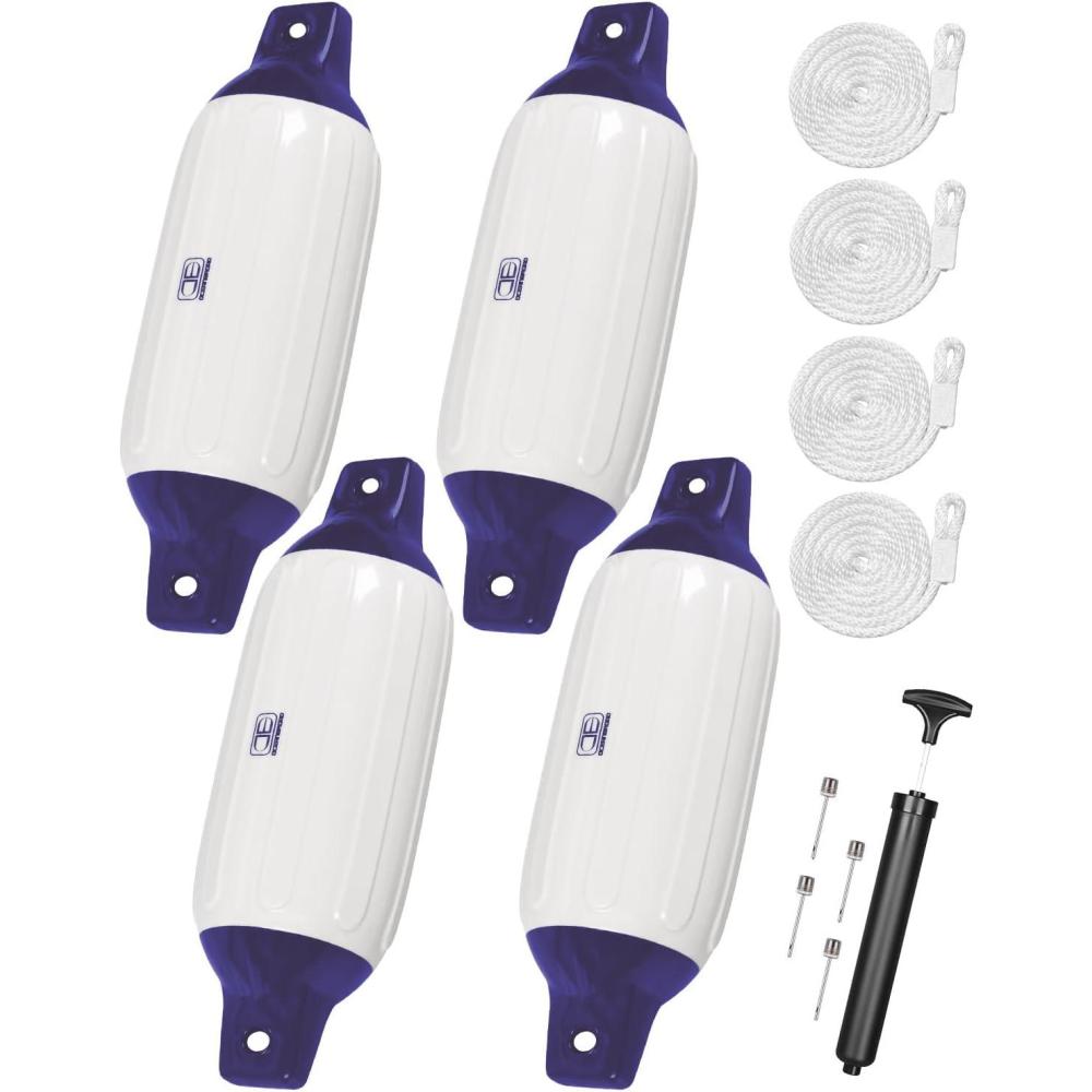 imageOCEANBROAD Boat Fenders 4 Pack Inflatable Ribbed Boat Bumpers for Docking with 4 Ropes Pump amp Needles PVC Fenders Reinforced Dual Eyelets for VerticalHorizontal Hanging UV ResistantBlueWhite