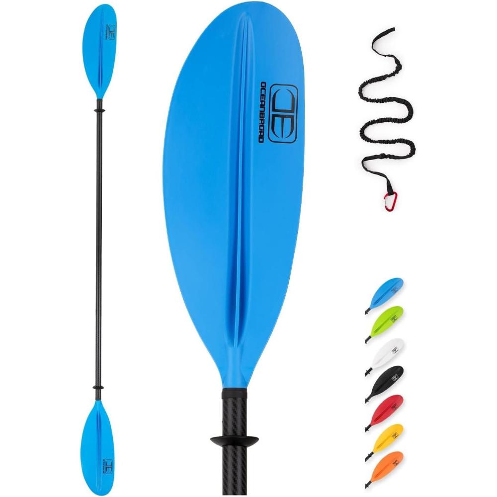 imageOCEANBROAD Carbon Fiber Kayak Paddle 905in230cm 86in218cm for Adults Kayaking Boating Canoeing Oar with Paddle LeashBlue