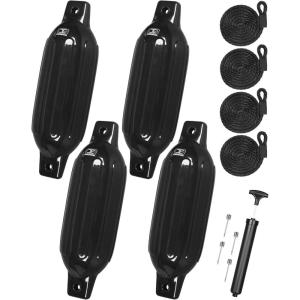OCEANBROAD Boat Fenders 4 Pack, Inflatable Ribbed Boat Bumpers for Docking with 4 Ropes, Pump & Needles, PVC Fenders, Reinforced Dual Eyelets for Vertical/Horizontal Hanging, UV Resistant(Black)
