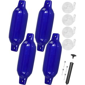 OCEANBROAD Boat Fenders 4 Pack, Inflatable Ribbed Boat Bumpers for Docking with 4 Ropes, Pump & Needles, PVC Fenders, Reinforced Dual Eyelets for Vertical/Horizontal Hanging, UV Resistant(Blue)