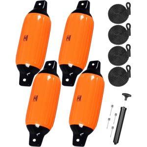 OCEANBROAD Boat Fenders 4 Pack, Inflatable Ribbed Boat Bumpers for Docking with 4 Ropes, Pump & Needles, PVC Fenders, Reinforced Dual Eyelets for Vertical/Horizontal Hanging, UV Resistant(Black&Orange)