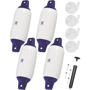 OCEANBROAD Boat Fenders 4 Pack, Inflatable Ribbed Boat Bumpers for Docking with 4 Ropes, Pump & Needles, PVC Fenders, Reinforced Dual Eyelets for Vertical/Horizontal Hanging, UV Resistant(Blue&White)