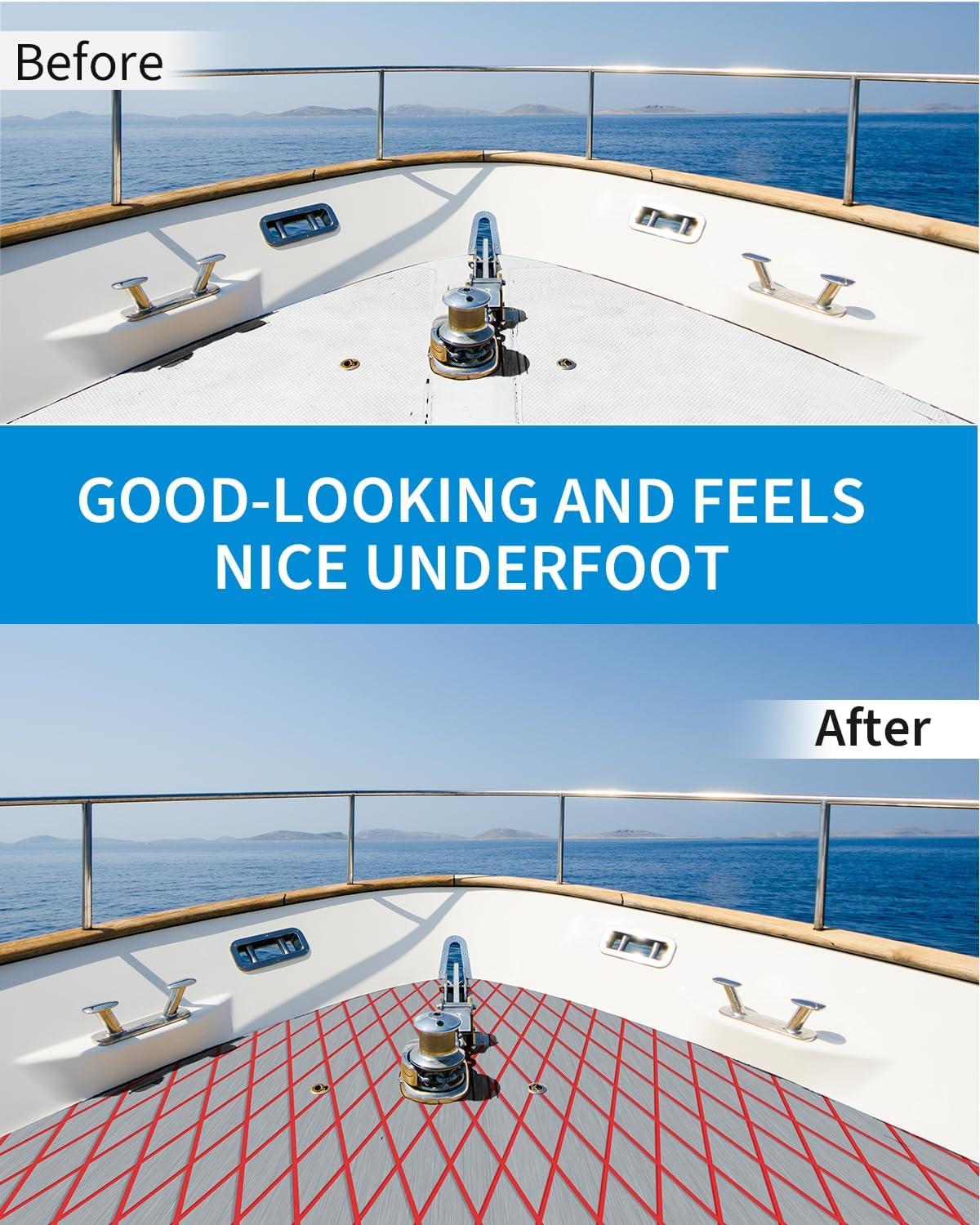 imageOCEANBROAD SelfAdhesive 96x15 Diamond Pattern Boat Flooring EVA Foam Marine Boat Decking Sheet NonSlip Mat for Jon Motor Boats Yacht Helm Pad RV Floor Gray with Red Seam Lines