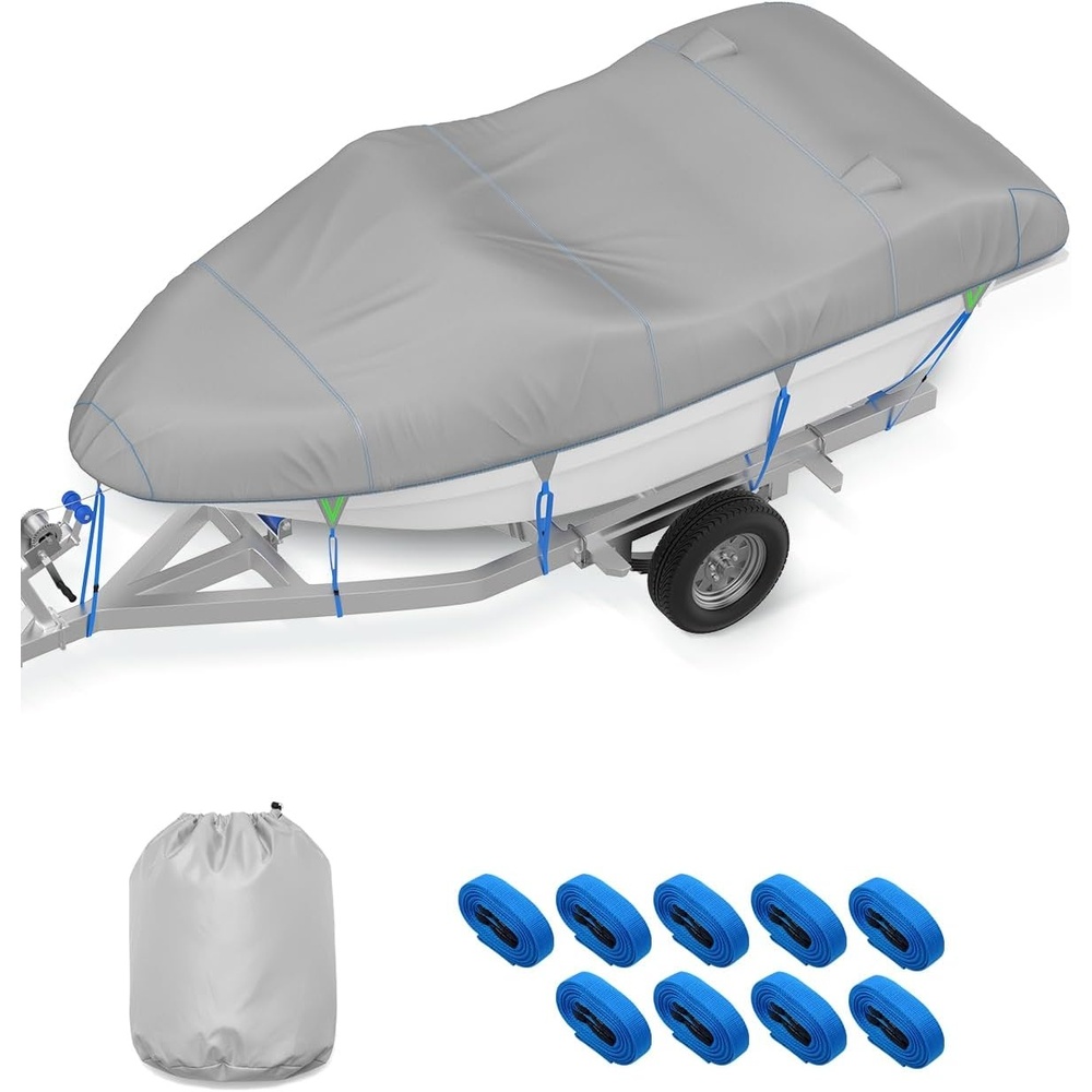 image:imageOCEANBROAD 1200D Boat Cover with Reflective Strips Front amp Rear Only for Bass VHull TriHull Fish Runabout amp Bowrider Boats Waterproof AntiUV Cover for 16185ft x 94in BlackGray