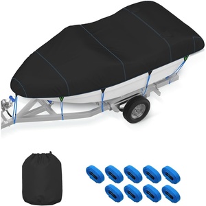 OCEANBROAD 1200D Boat Cover with Reflective Strips (Front & Rear Only) for Bass, V-Hull, Tri-Hull, Fish, Runabout & Bowrider Boats, Waterproof Anti-UV Cover, for 16-18.5ft x 94in, Black(Black)
