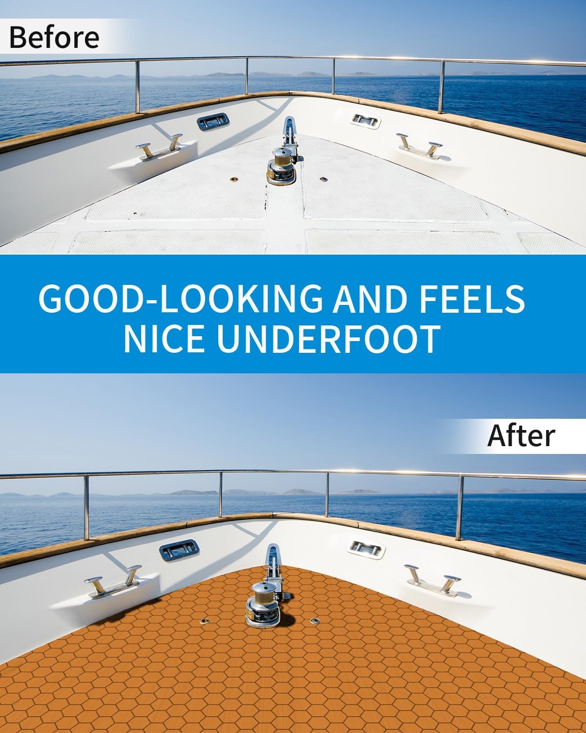 image:imageOCEANBROAD CNC Cut Hexagon Boat Flooring 96x1545 SelfAdhesive EVA Foam Sheet NonSlip Traction Pad Marine Grip Mat for Boats Surfboard SUP PaddleBoard YachtBrown with Black Lines