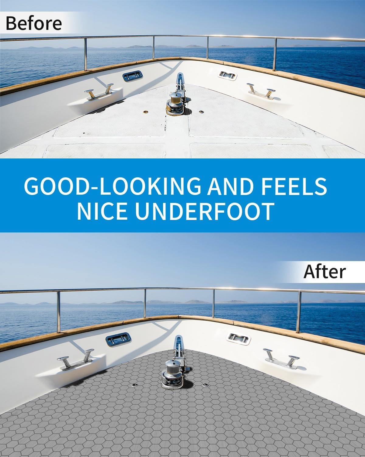 image:imageOCEANBROAD CNC Cut Hexagon Boat Flooring 96x1545 SelfAdhesive EVA Foam Sheet NonSlip Traction Pad Marine Grip Mat for Boats Surfboard SUP PaddleBoard YachtGray with Black Lines